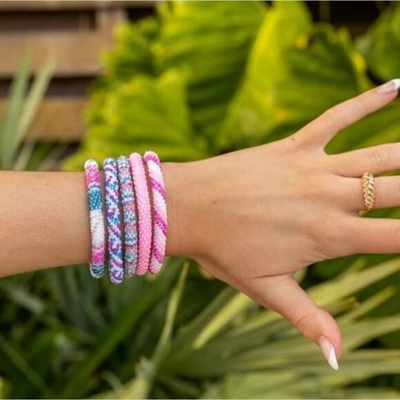 Set of 2 Sashka Bracelets Hot Pink & Blue/Pink Glass Beaded Bracelets - Picture 2 of 12